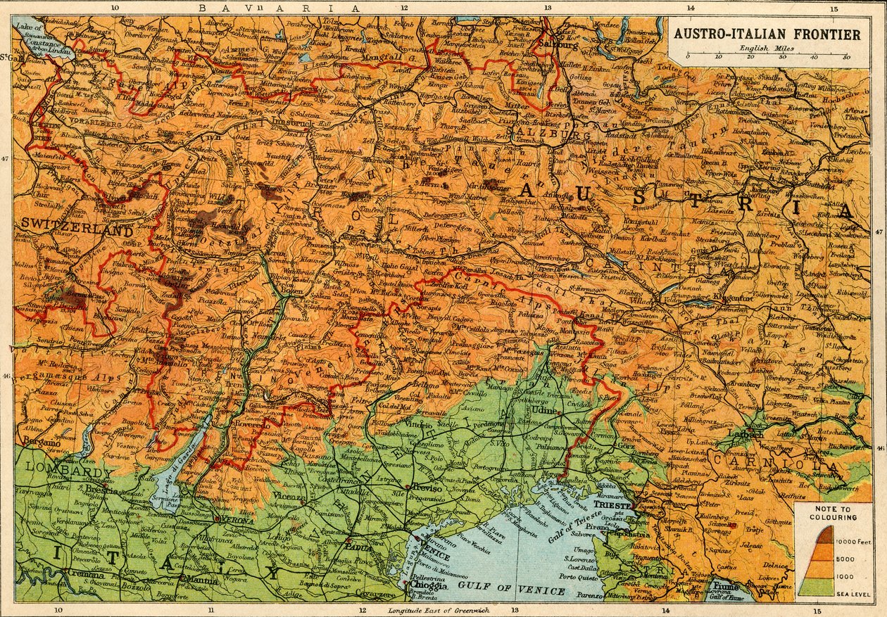 Mapa rakousko-italské hranice, první světová válka, c1920. od John Bartholomew and Son