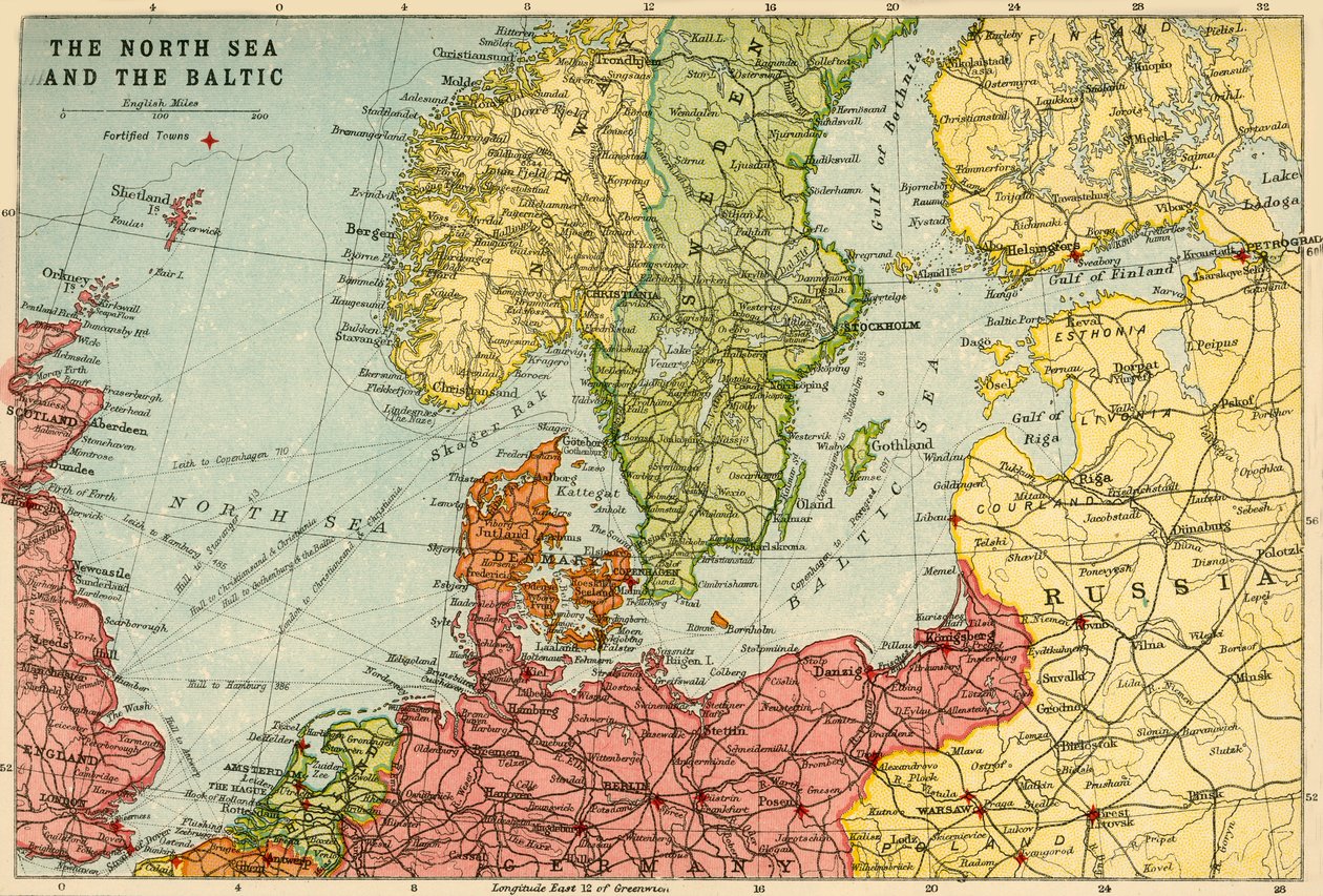 Mapa Severního moře a Baltského moře, c1914, c1920. od John Bartholomew and Son