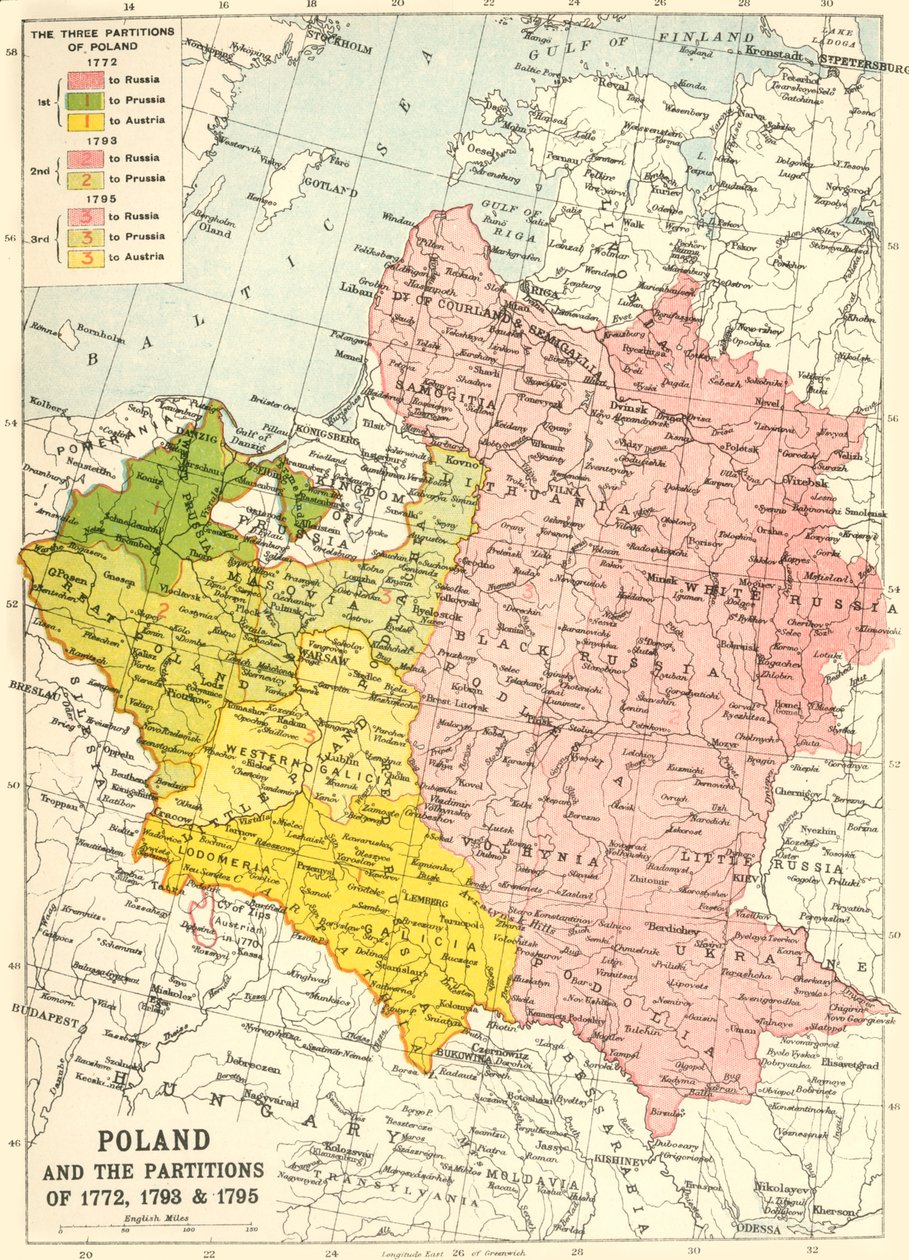 Polsko a rozdělení 1772, 1793 & 1795, c1920. od John Bartholomew and Son