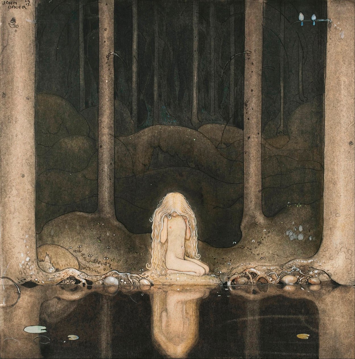 Princezna Tuvstarr s nostalgií při pohledu na vodu jezera od John Bauer