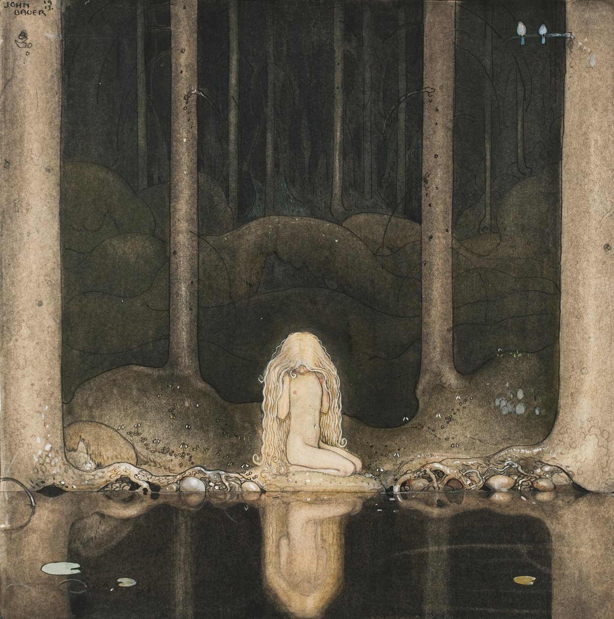  Tuvstarr stále sedí a zamyšleně se dívá do vody. od John Bauer