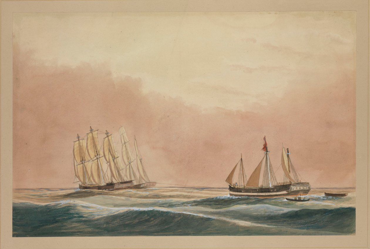 Loď "Futty Satam" vlečená na Mauricius barkou "Otter" a lodí "City of Poona" 1851, cca 1851 (akvarel) od John Becket Hodgson