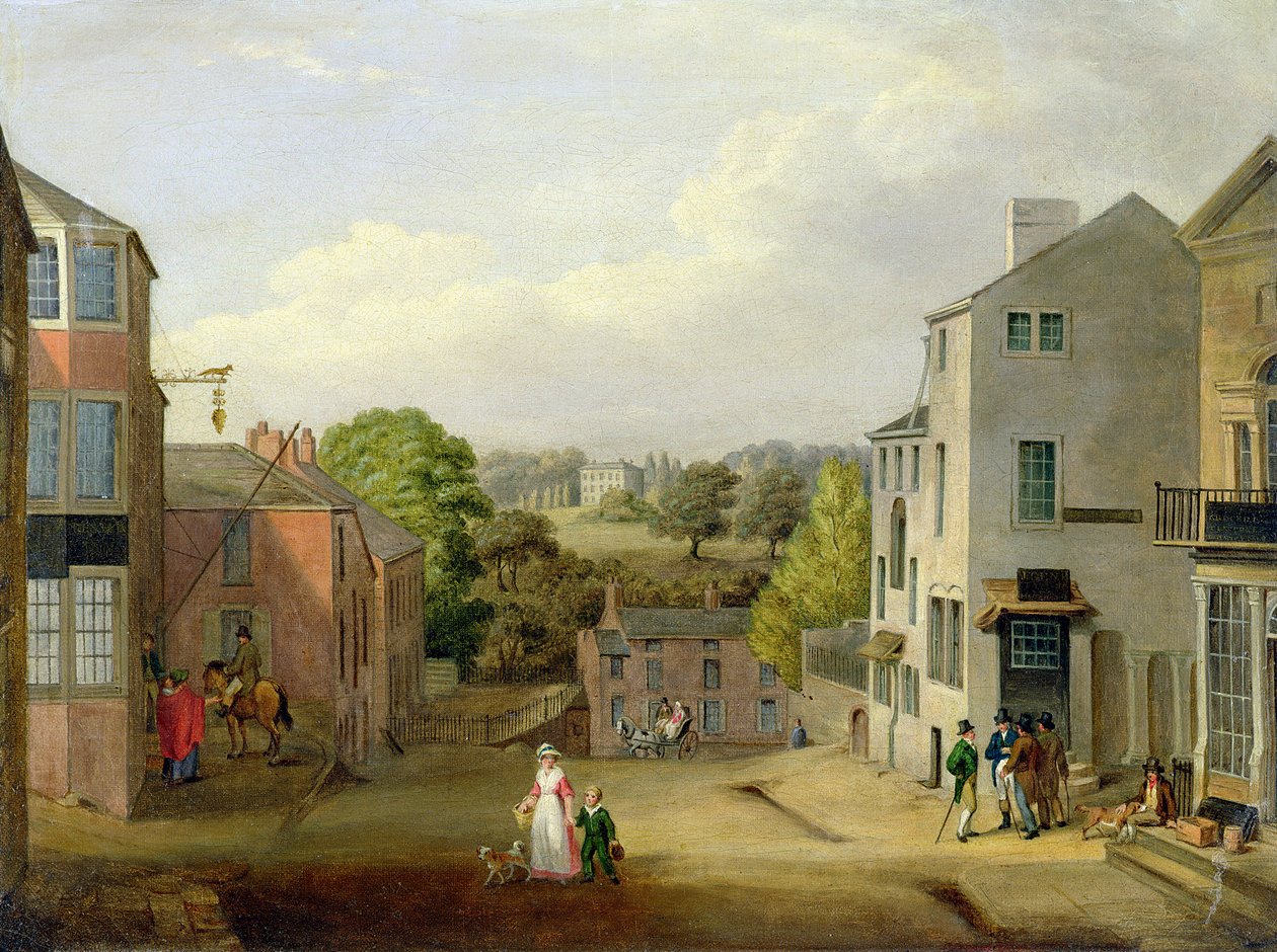 Pouliční scéna v Chorley, Lancashire, s výhledem na Chorley Hall, cca 1790-1817 od John, Bird