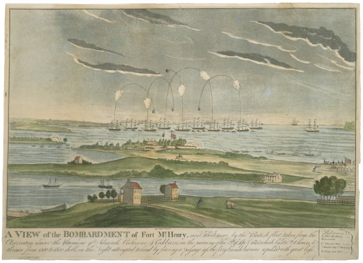 Pohled na bombardování Fort McHenry, c. 1815 (ručně kolorovaná akvatinta na tkaném papíře) od John Bower