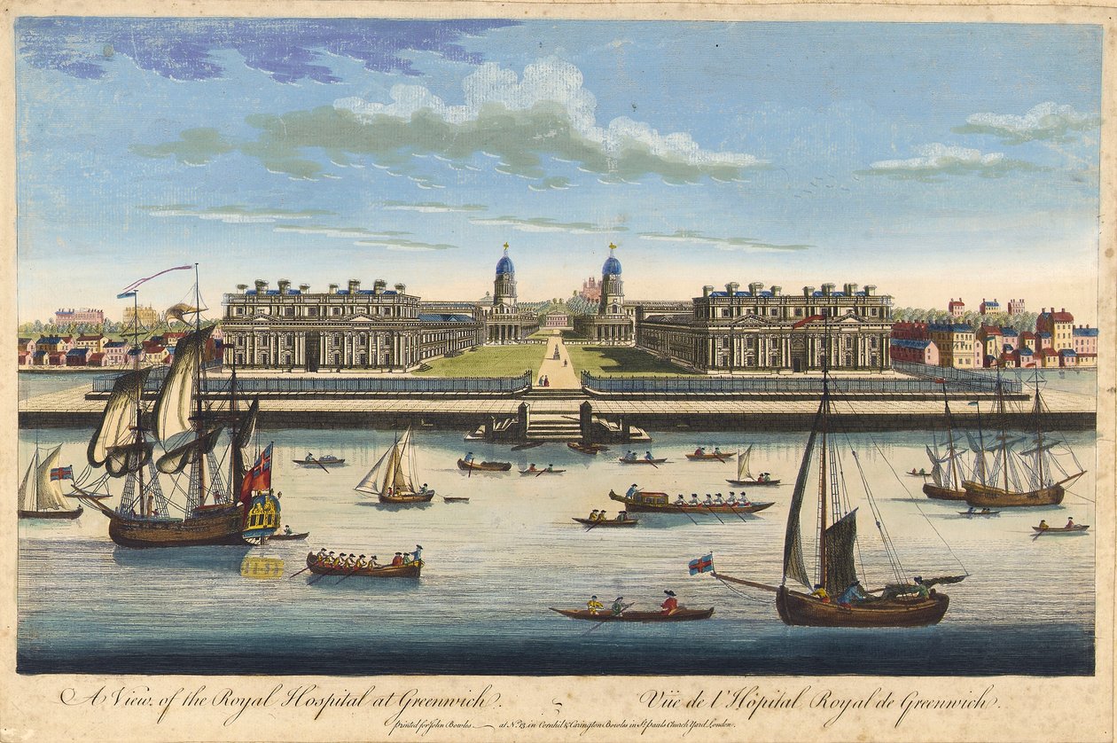Pohled na Královskou nemocnici v Greenwichi, asi 1770 (kolorovaný lept) od John Bowles