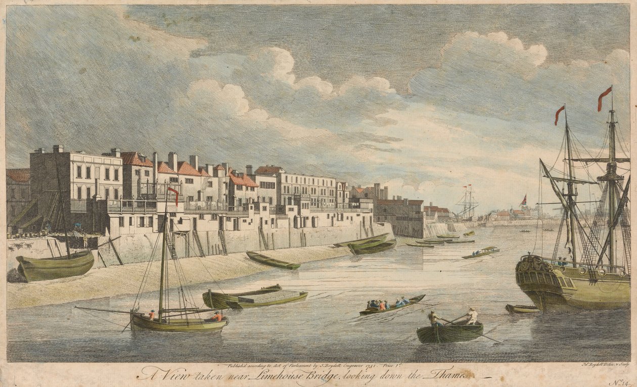 Pohled pořízený poblíž Limehouse Bridge, po proudu Temže od John Boydell