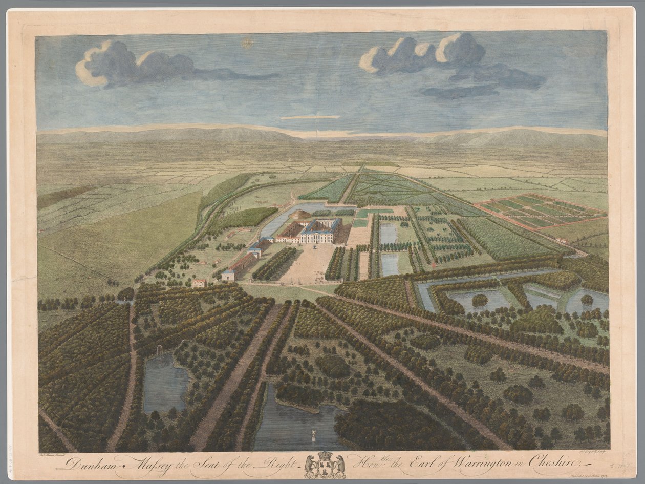 Gezicht op Dunham Massey v Cheshire Dunham Massey, sídlo pravého ctitele hraběte z Warringtonu v Cheshire (titul na předmětu) od John Boydell