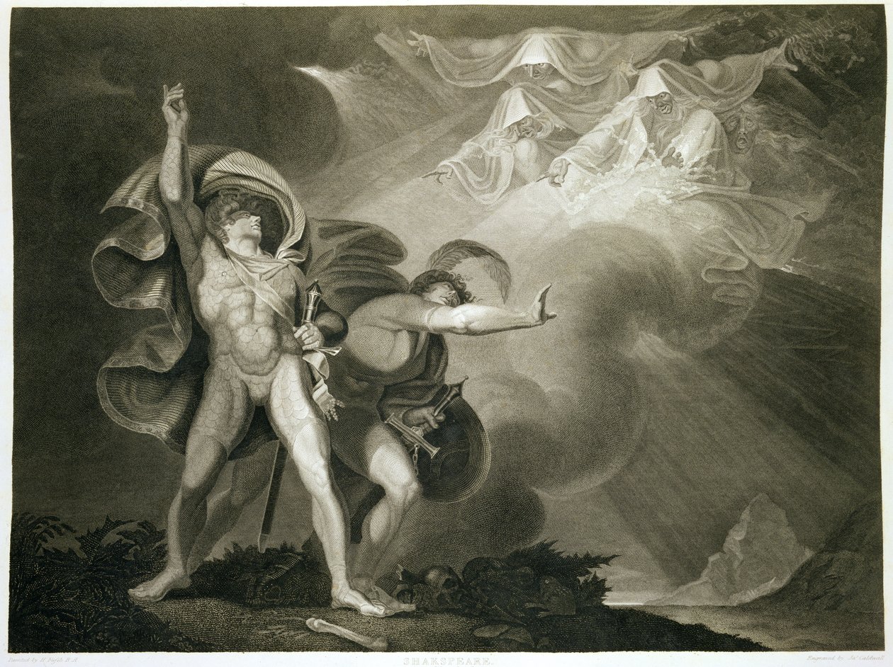 Macbeth, Banquo a tři čarodějnice na vřesovišti v dějství I, scéna III Macbetha od Williama Shakespeara (1564-1616), publikováno 1805 od John Boydell