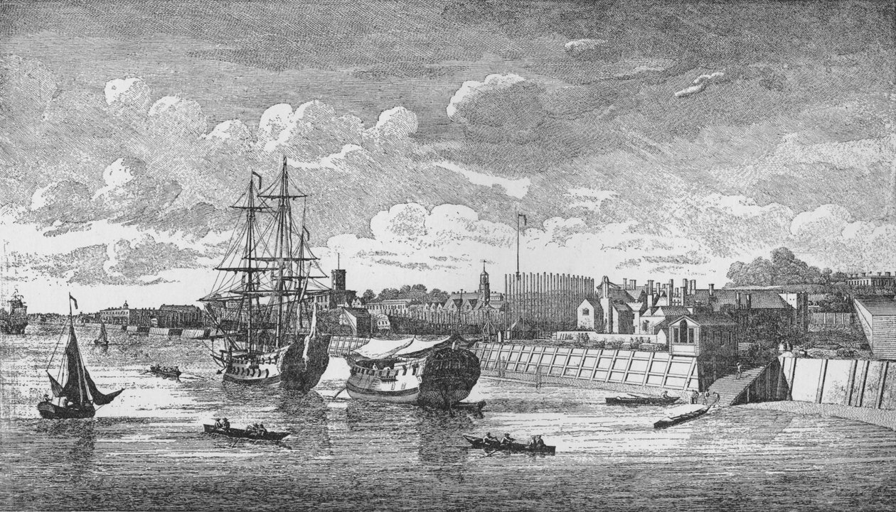 Woolwich Dockyard from the Thames, c1750, 1912. Umělci: Unknown, John Boydell. od John Boydell