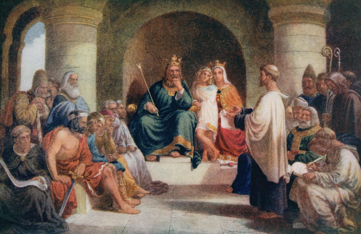 Král Alfred (849-99) předkládající své zákony Witanu, ilustrace z 