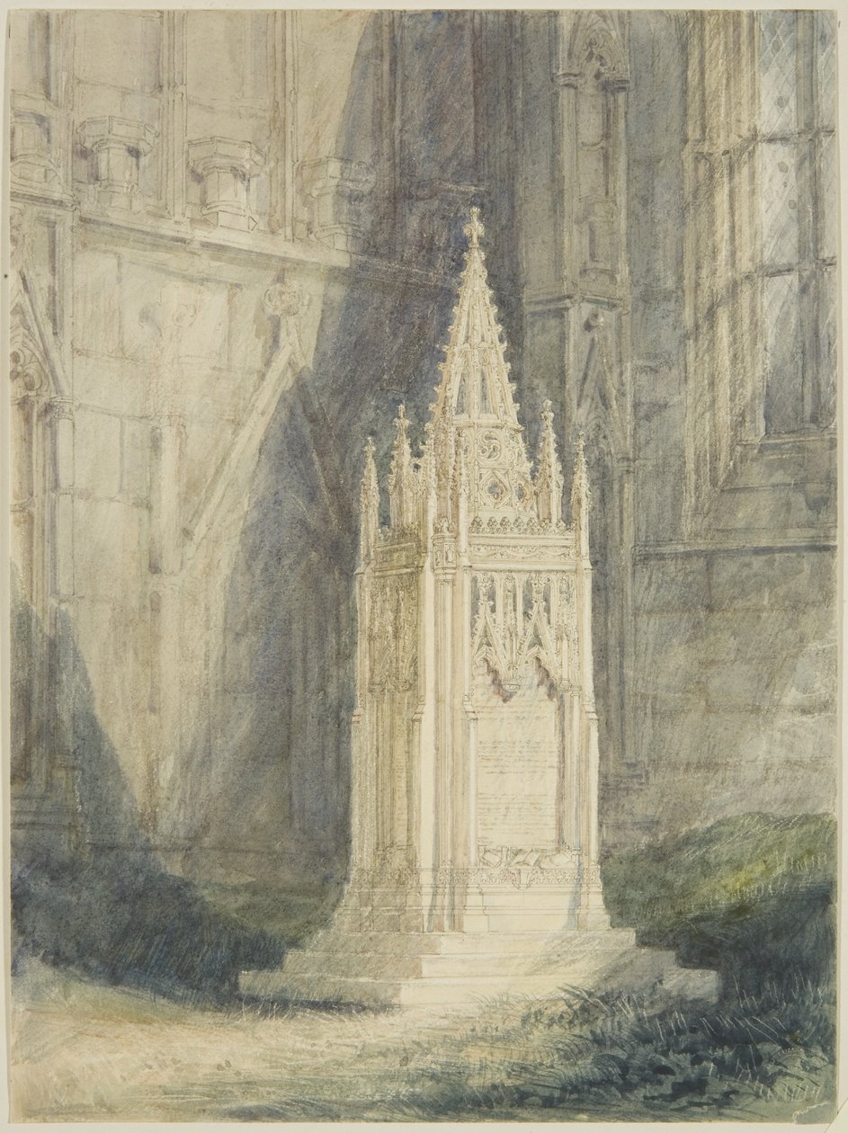 Návrh pro Chatterton Cenotaph v kostele St Mary Redcliffe (akvarel a tělová barva přes tužku, s křídou a škrábáním, na papíře) od John Britton