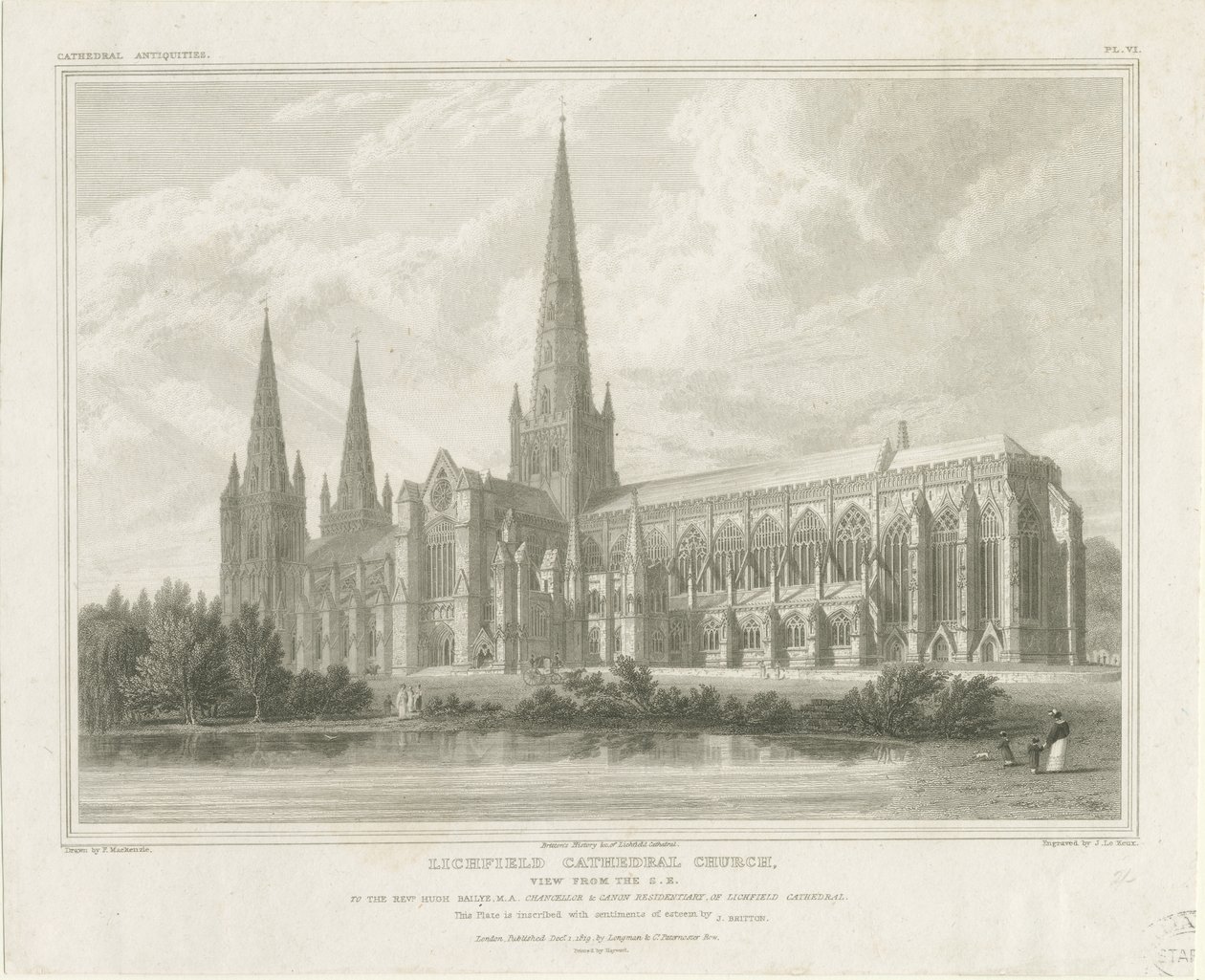Katedrála Lichfield - South East View: rytina, nd [?1819] (tisk) od John Britton