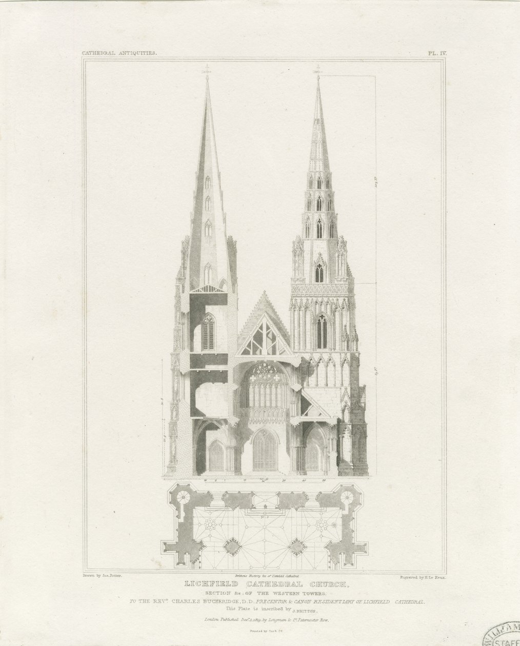 Katedrála Lichfield – západní fronta: rytina, nd [c 1819] od John Britton