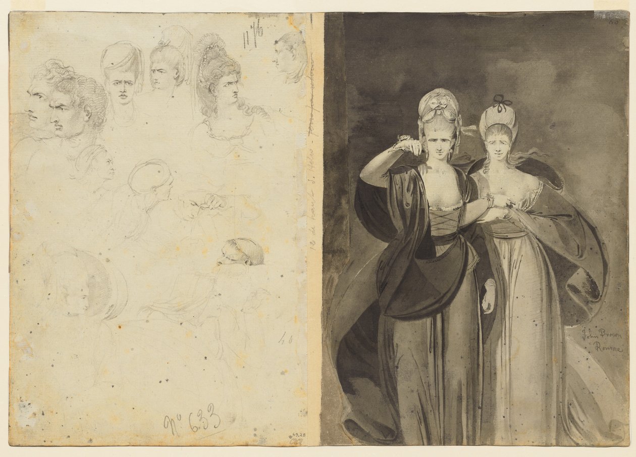 Sketches of Heads verso, vlevo, Dvě ženy verso, vpravo, c. 1770-1775. od John Brown