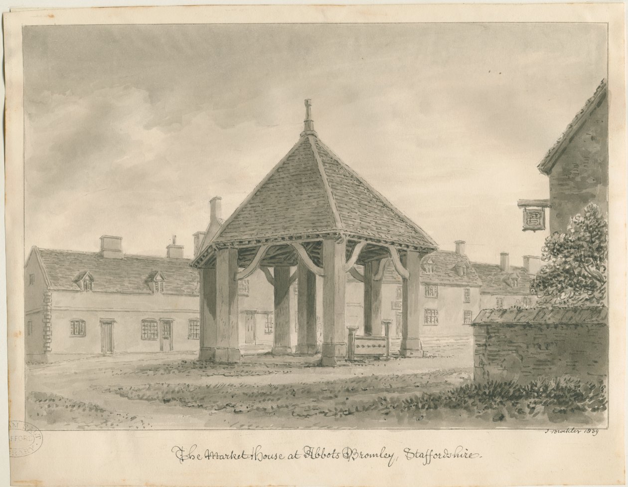 Abbots Bromley - Market House and Stocks: sépiová kresba, 1839 od John Buckler