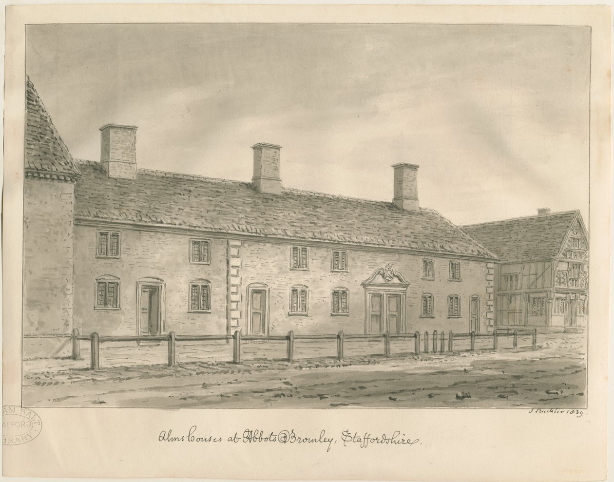 Abbots Bromley Almshouses: sépiová kresba od John Buckler