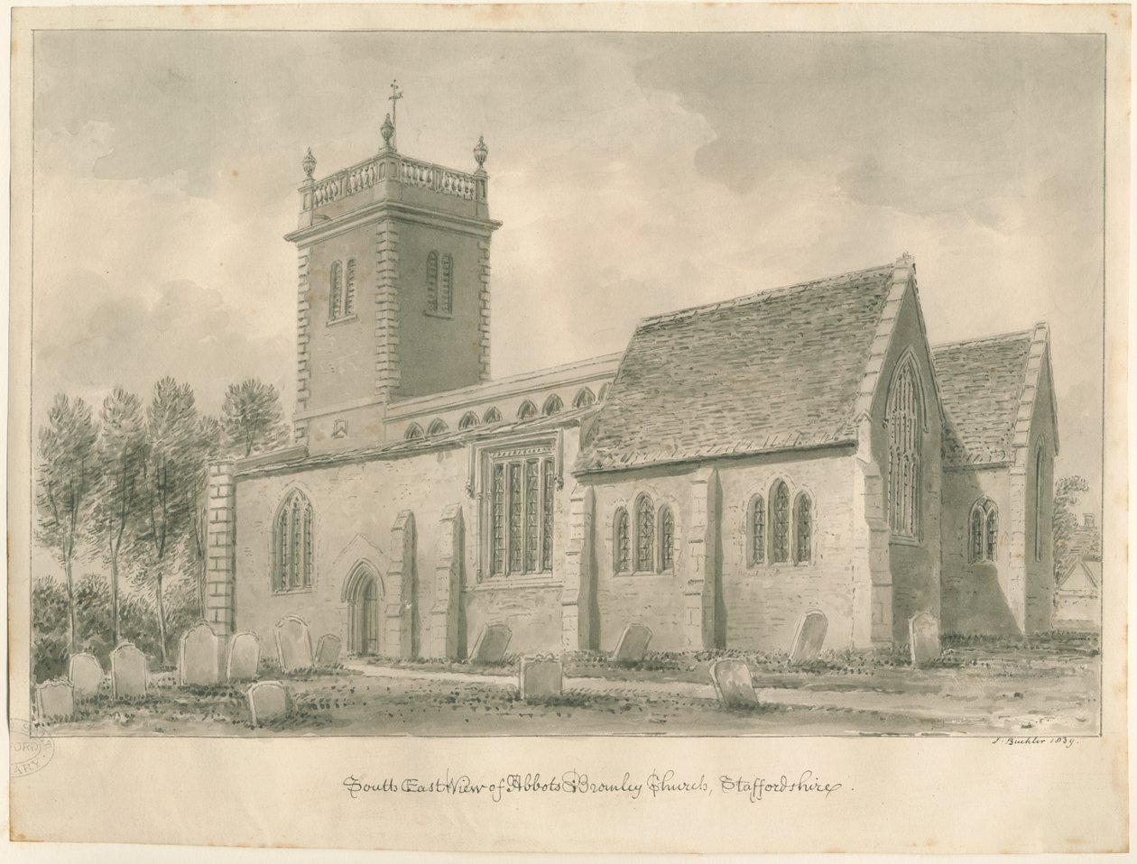 Abbots Bromley Church: sépiová kresba od John Buckler