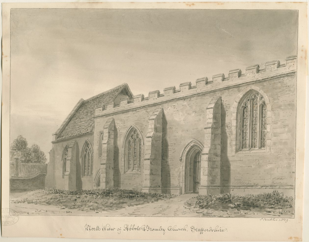 Kostel Abbots Bromley: sépiová kresba od John Buckler