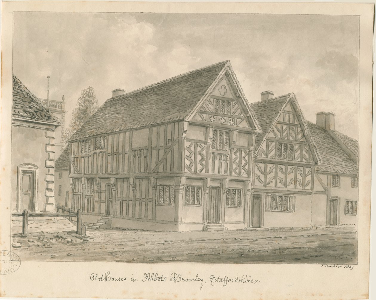 Abbots Bromley Old Houses: sépiová kresba, 1839 od John Buckler