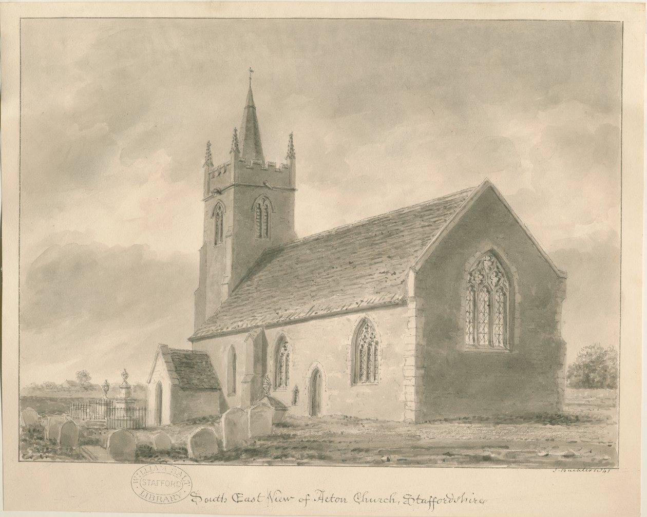 Acton Trussell Church: sépiová kresba, 1841 od John Buckler