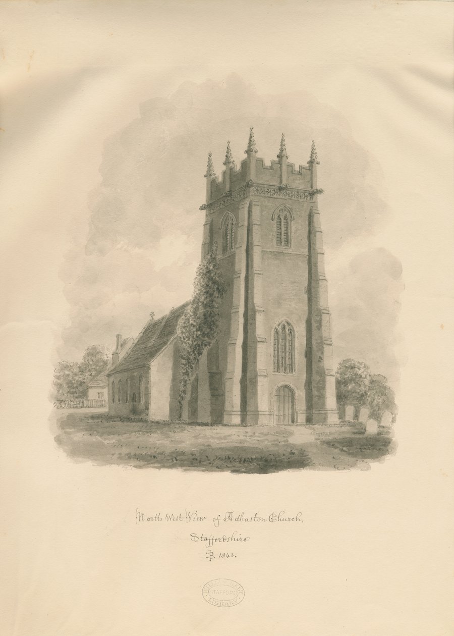 Adbaston Church: sépiová kresba od John Buckler