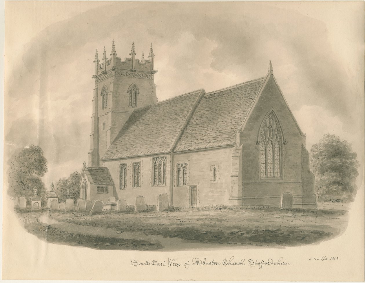 Adbaston Church: sépiová kresba, 1843 od John Buckler