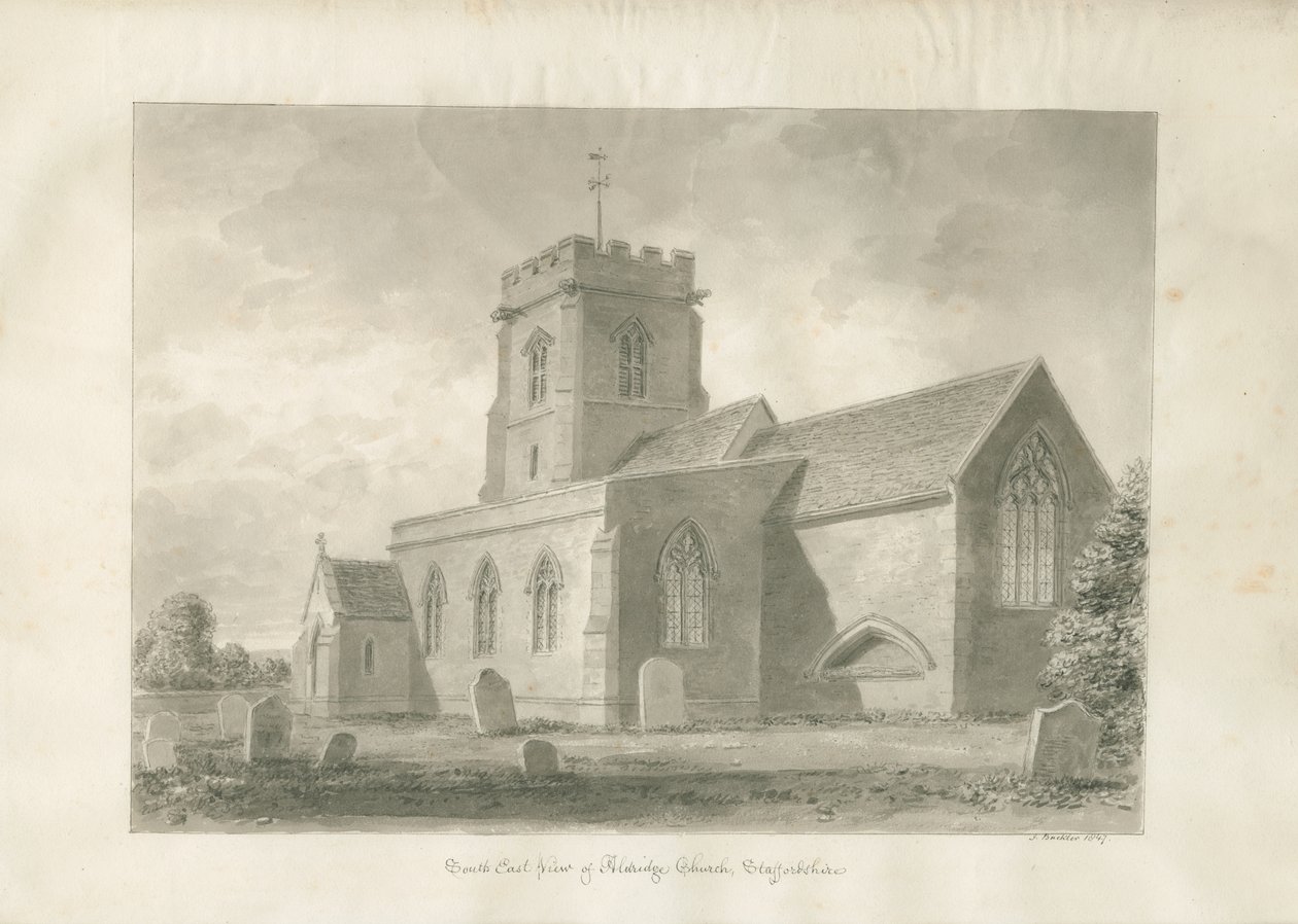 Aldridge Church: sépiová kresba, 1847 od John Buckler