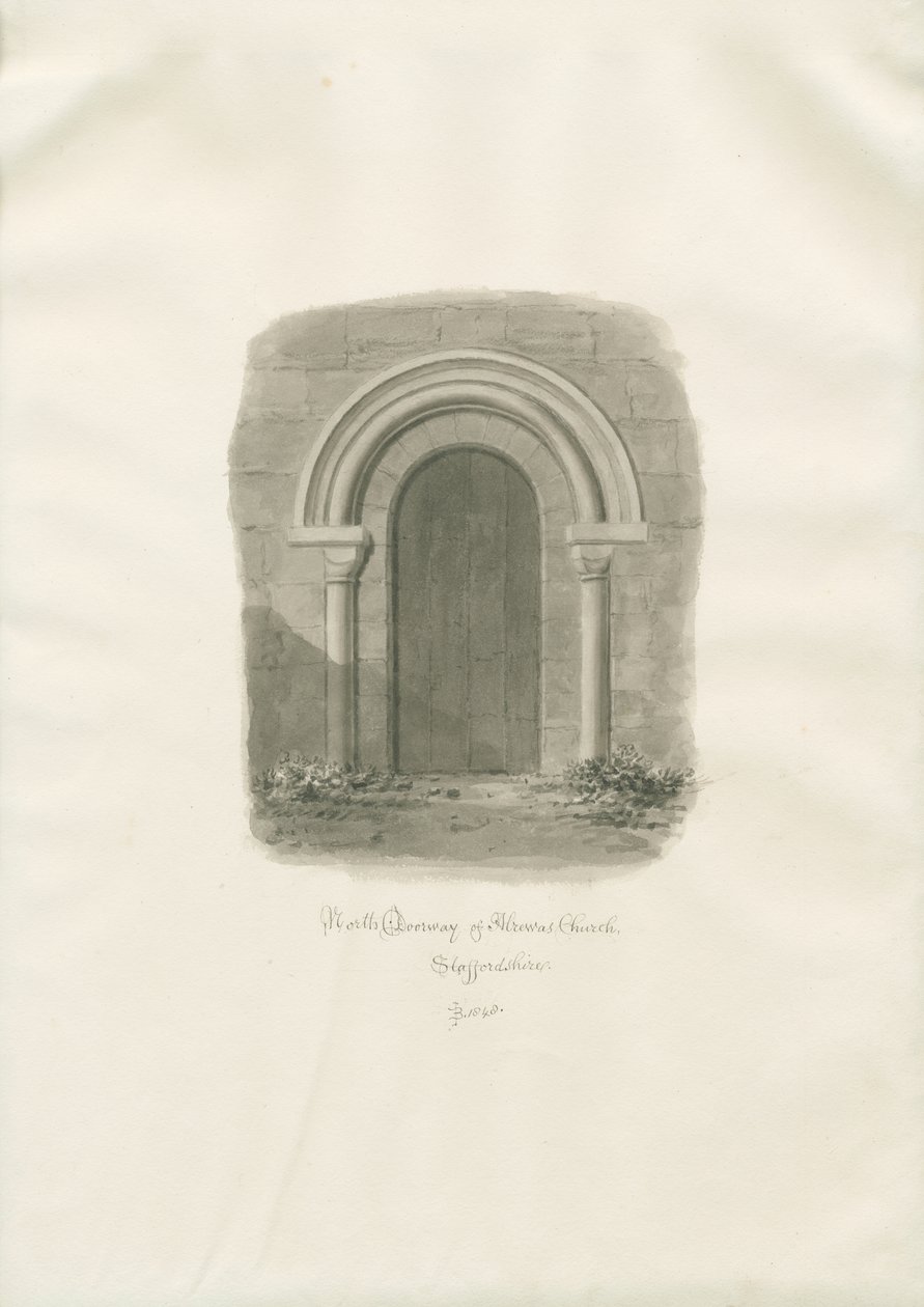 Alrewas Church - North Doorway: sépiová kresba od John Buckler