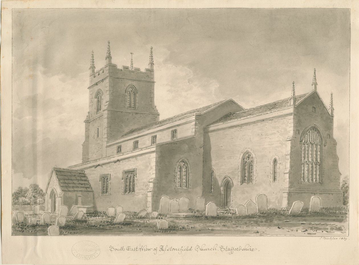 Alstonfield Church: sépiová kresba, 1839 od John Buckler