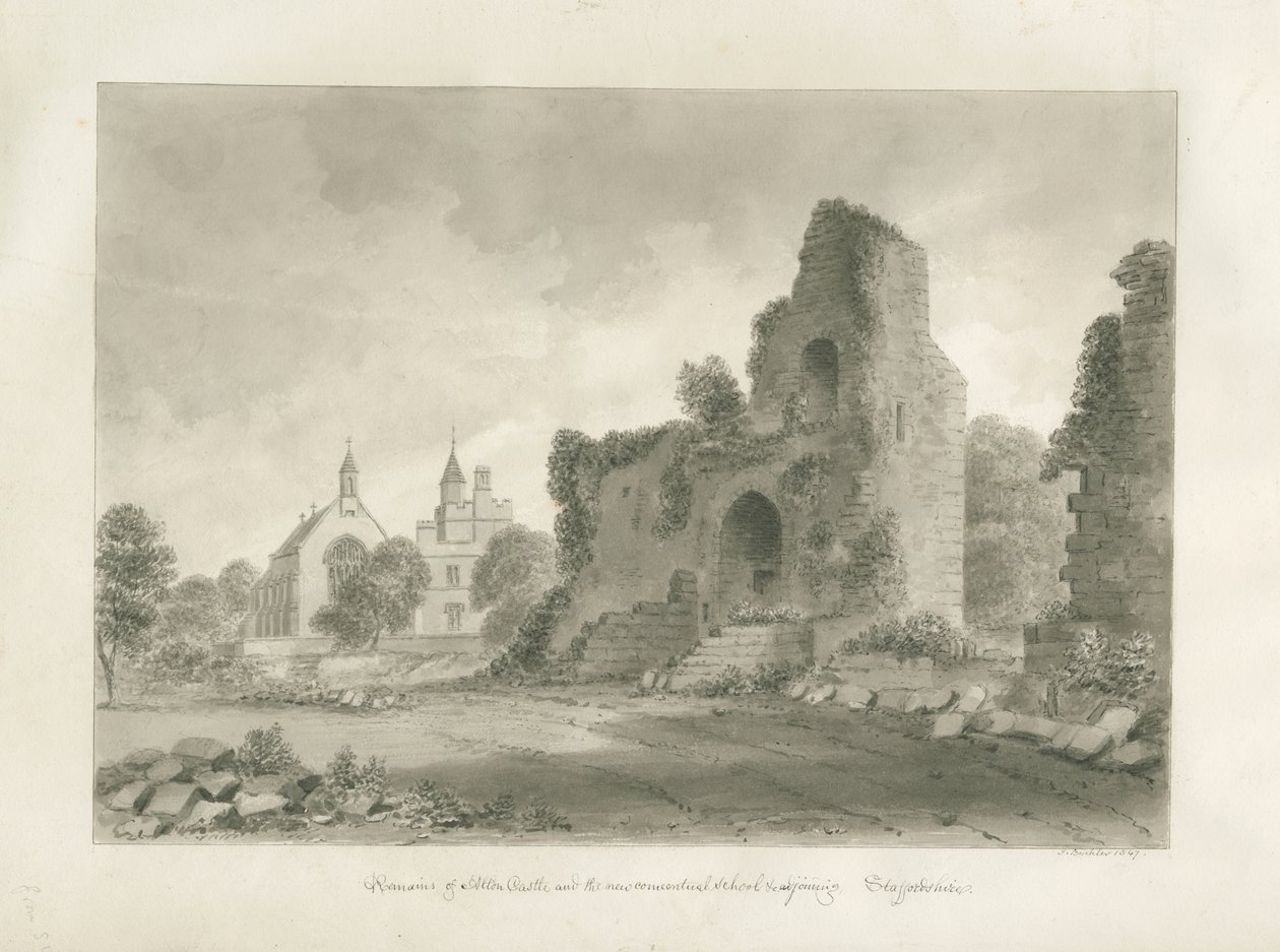Alton Castle a "New Conventual School": sépiová kresba, 1847 od John Buckler