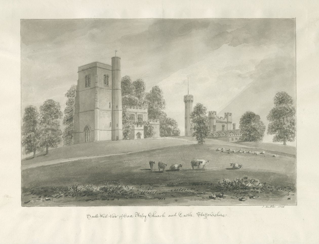 Arley Church and Castle: sépiová kresba od John Buckler