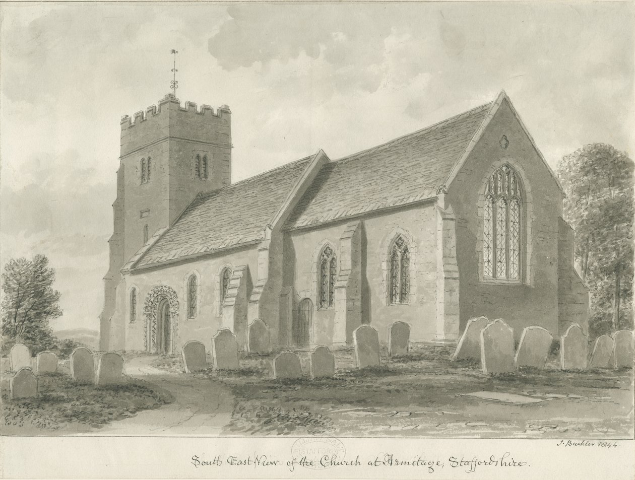 Armitage Church: sépiová kresba, 1844 od John Buckler