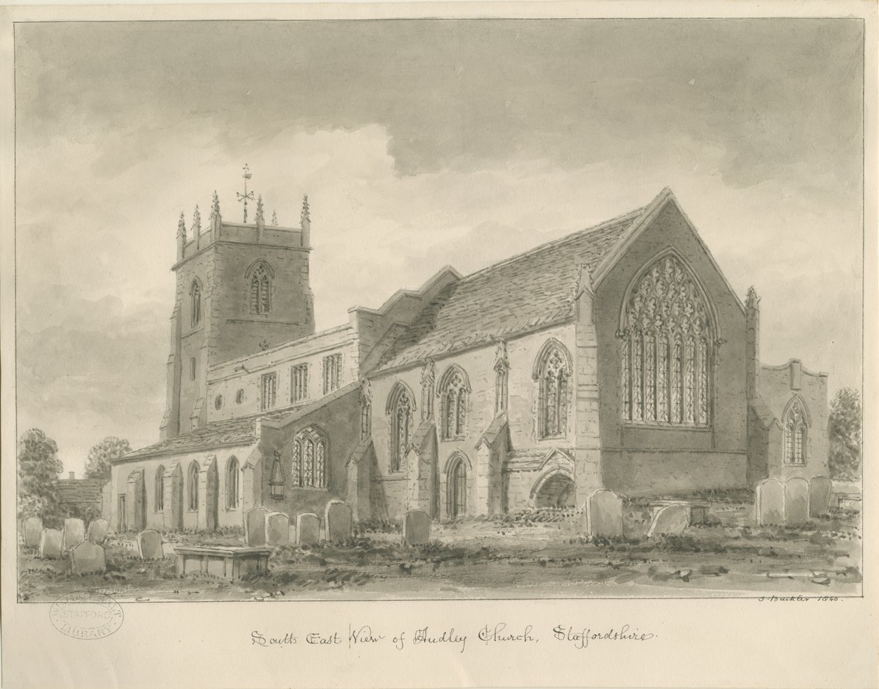 Audley Church: sépiová kresba, 1840 od John Buckler