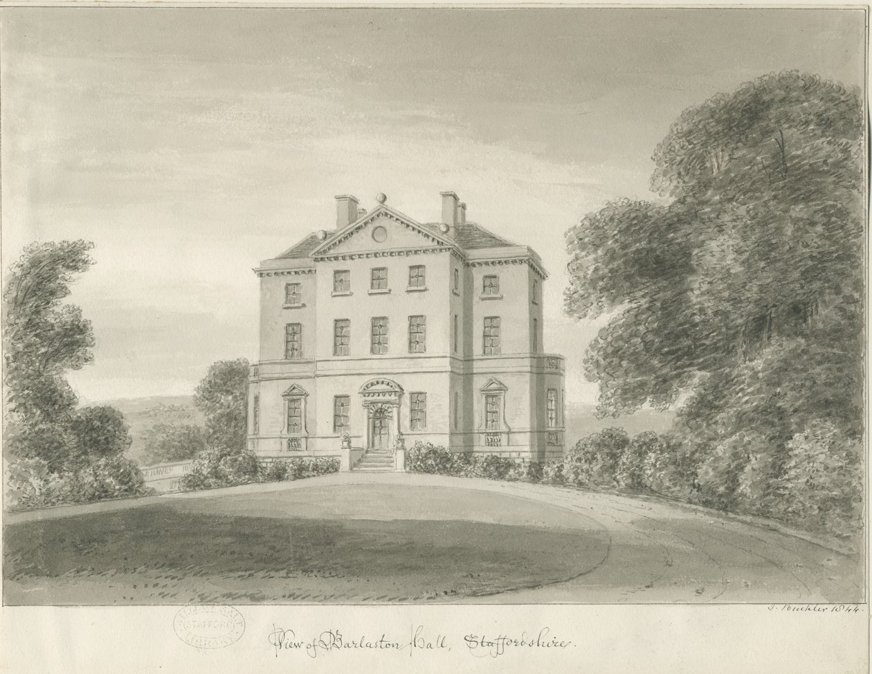 Barlaston Hall: sépiová kresba od John Buckler