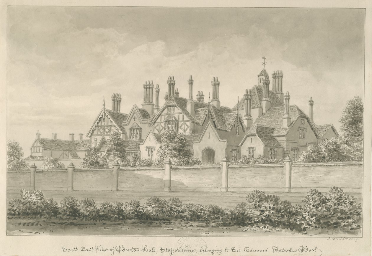 Barton under Needwood - "Barton Hall": sépiová kresba, 1839 od John Buckler