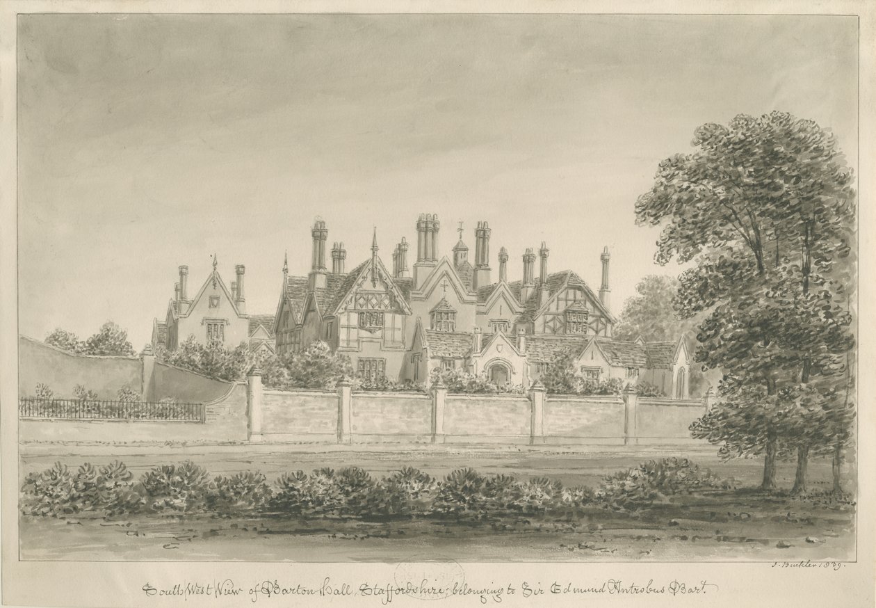 Barton under Needwood - "Barton Hall": sépiová kresba, 1839 od John Buckler