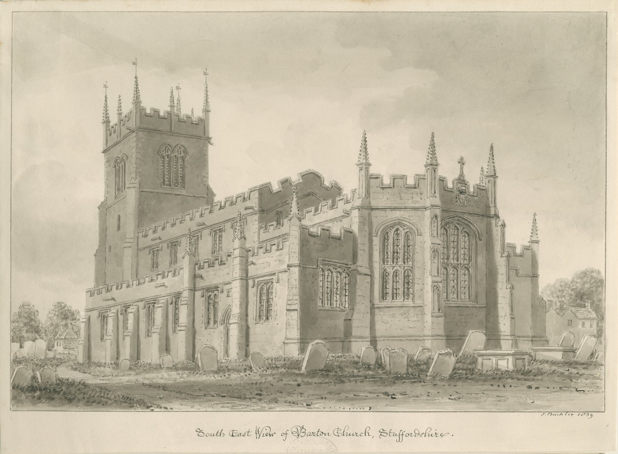 Barton under Needwood Church: sépiová kresba od John Buckler