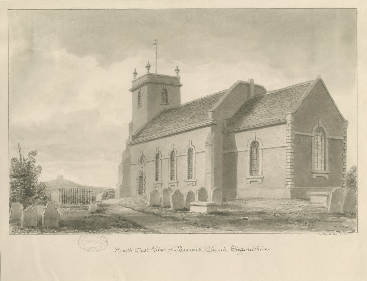 Baswich Church: sépiová kresba, 1841 od John Buckler
