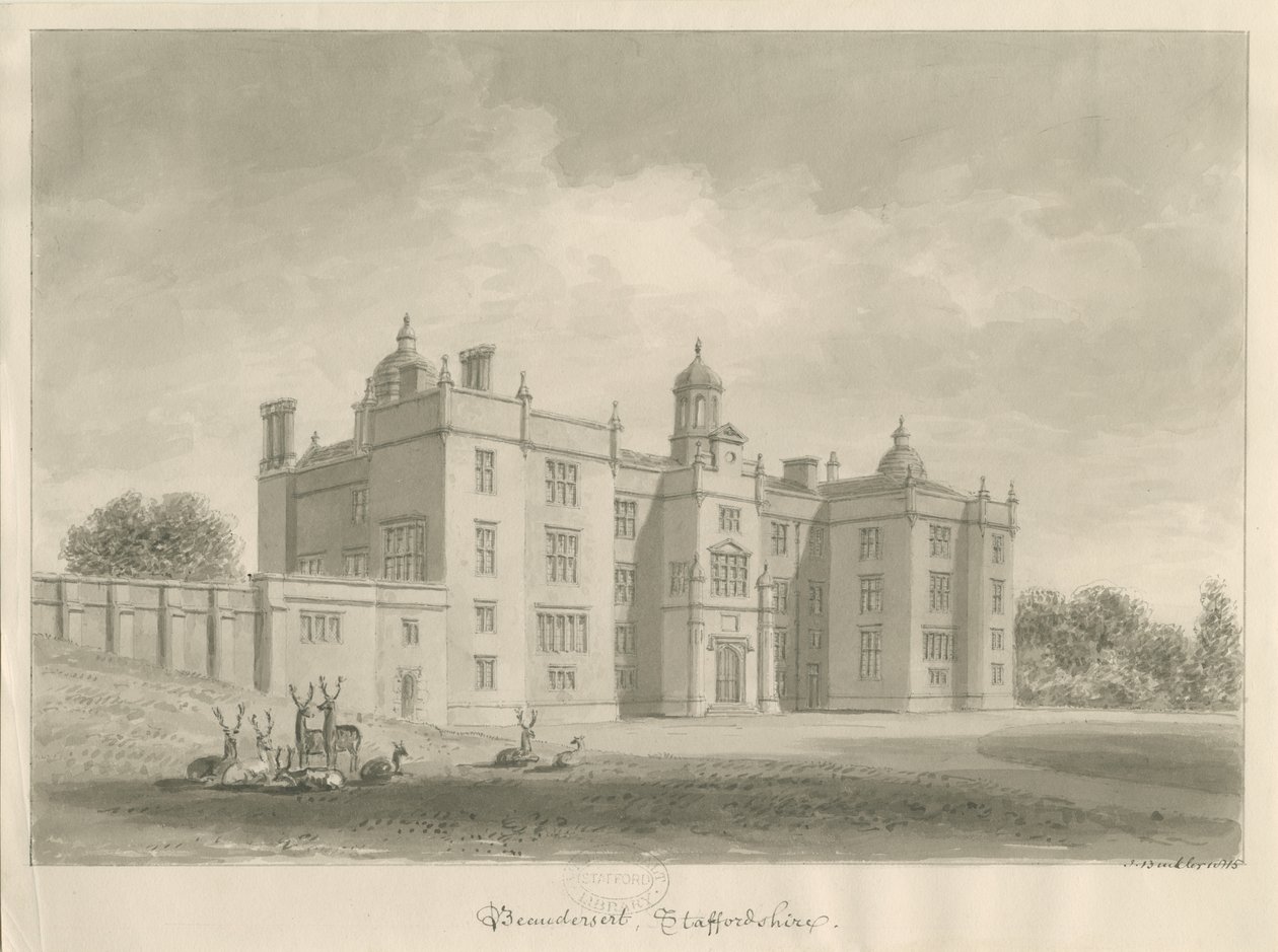 Beaudesert Hall and Park: sépiová kresba od John Buckler