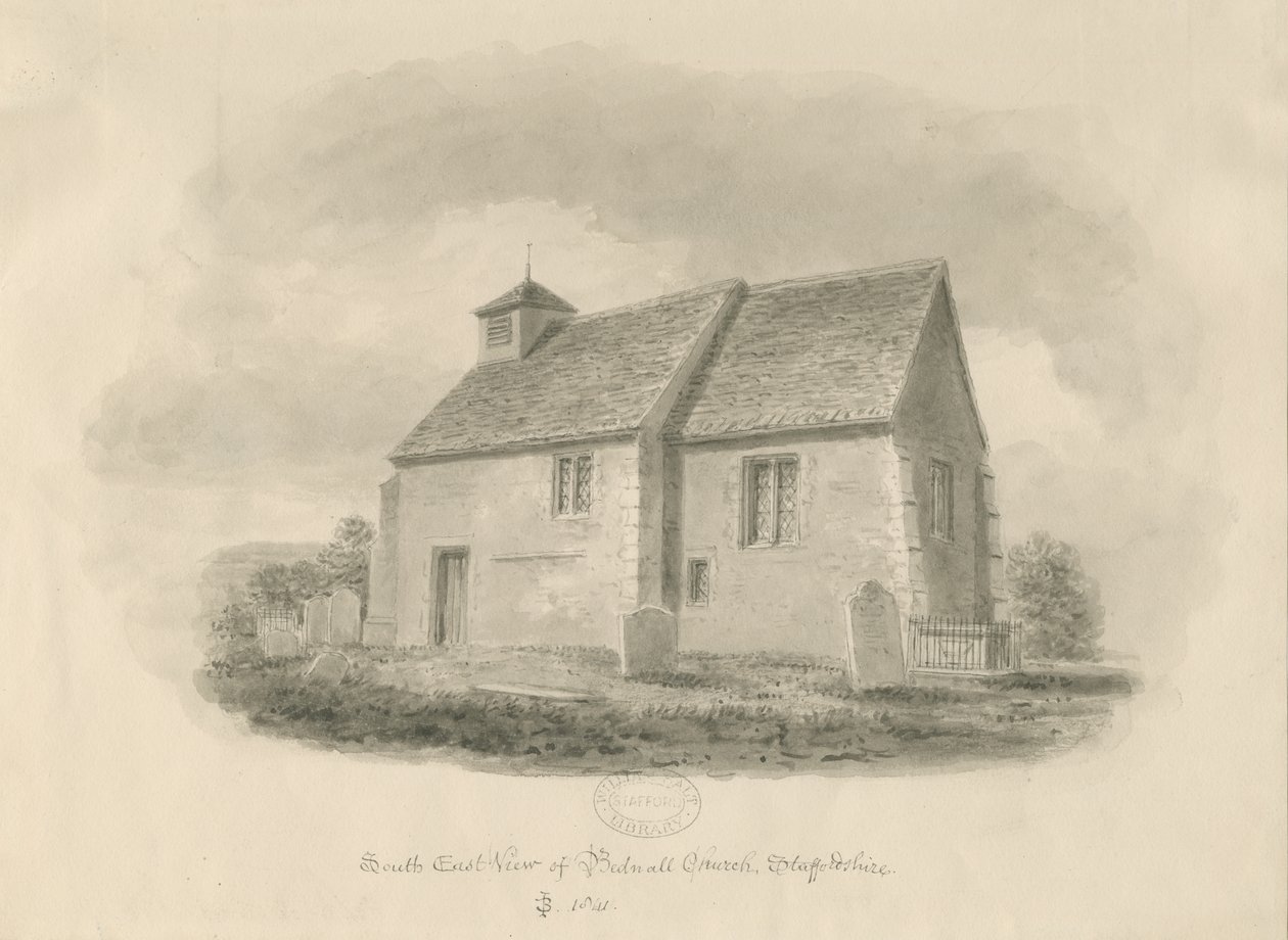 Bednall Church: sépiová kresba, 1841 od John Buckler