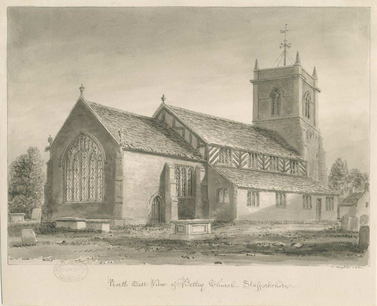 Betley Church: sépiová kresba, 1840 od John Buckler
