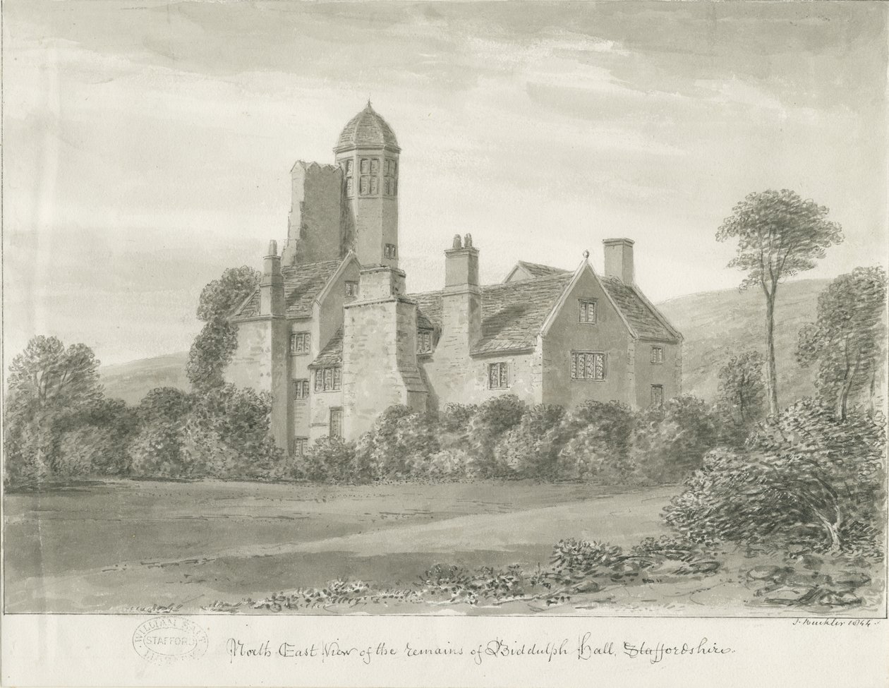 Biddulph Hall (starý): sépiová kresba od John Buckler