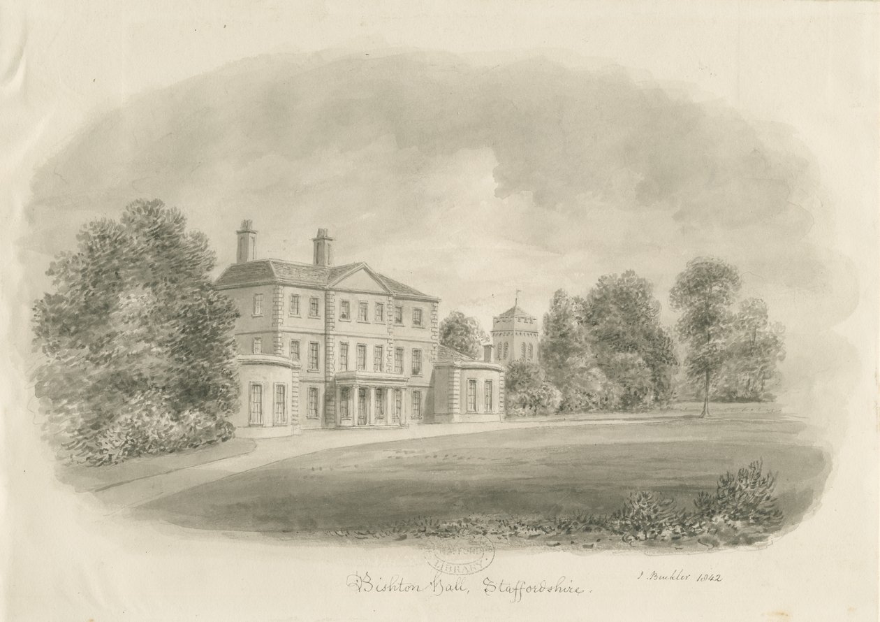 Bishton Hall: sépiová kresba od John Buckler