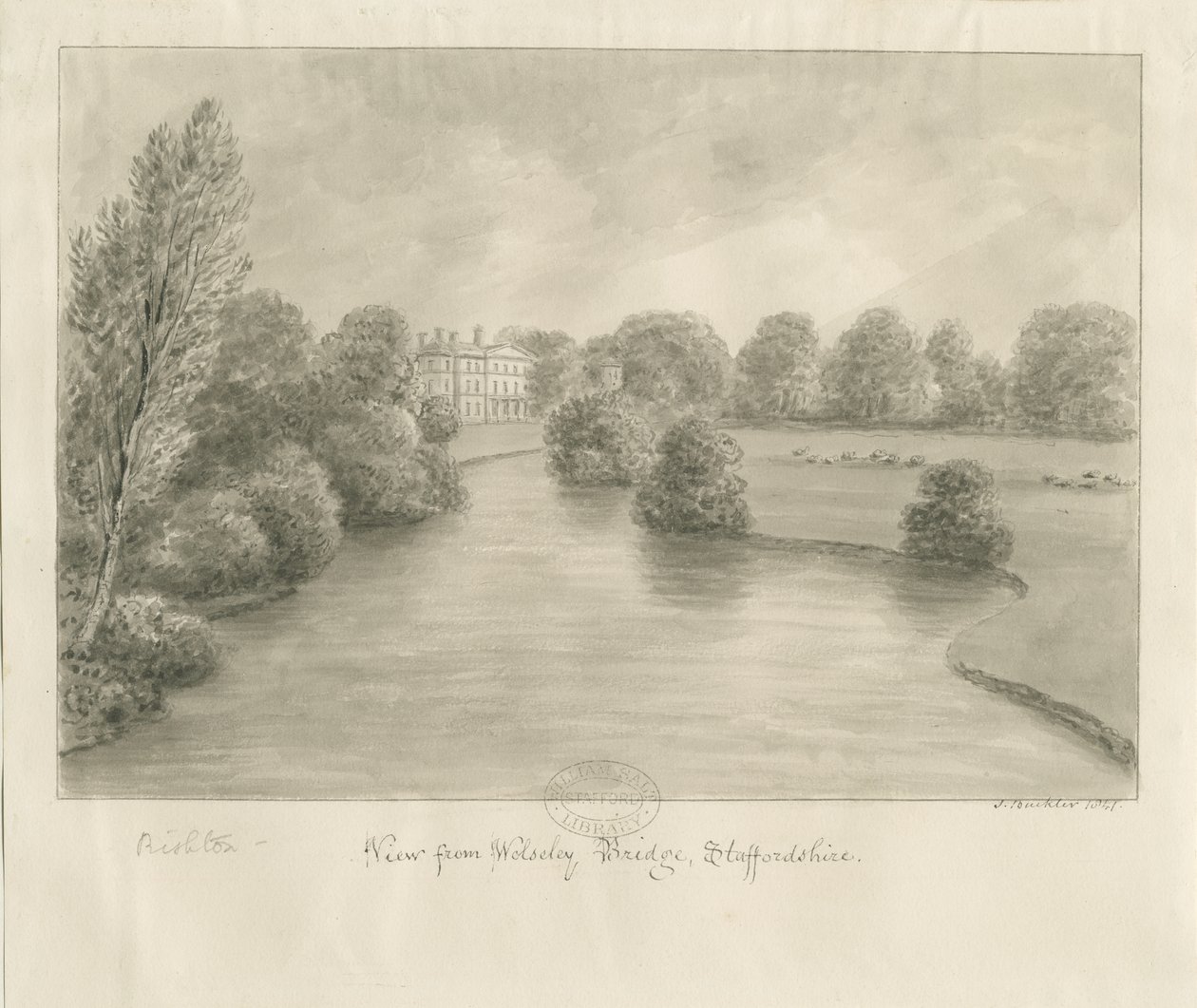 Bishton Hall: sépiová kresba, 1841 od John Buckler