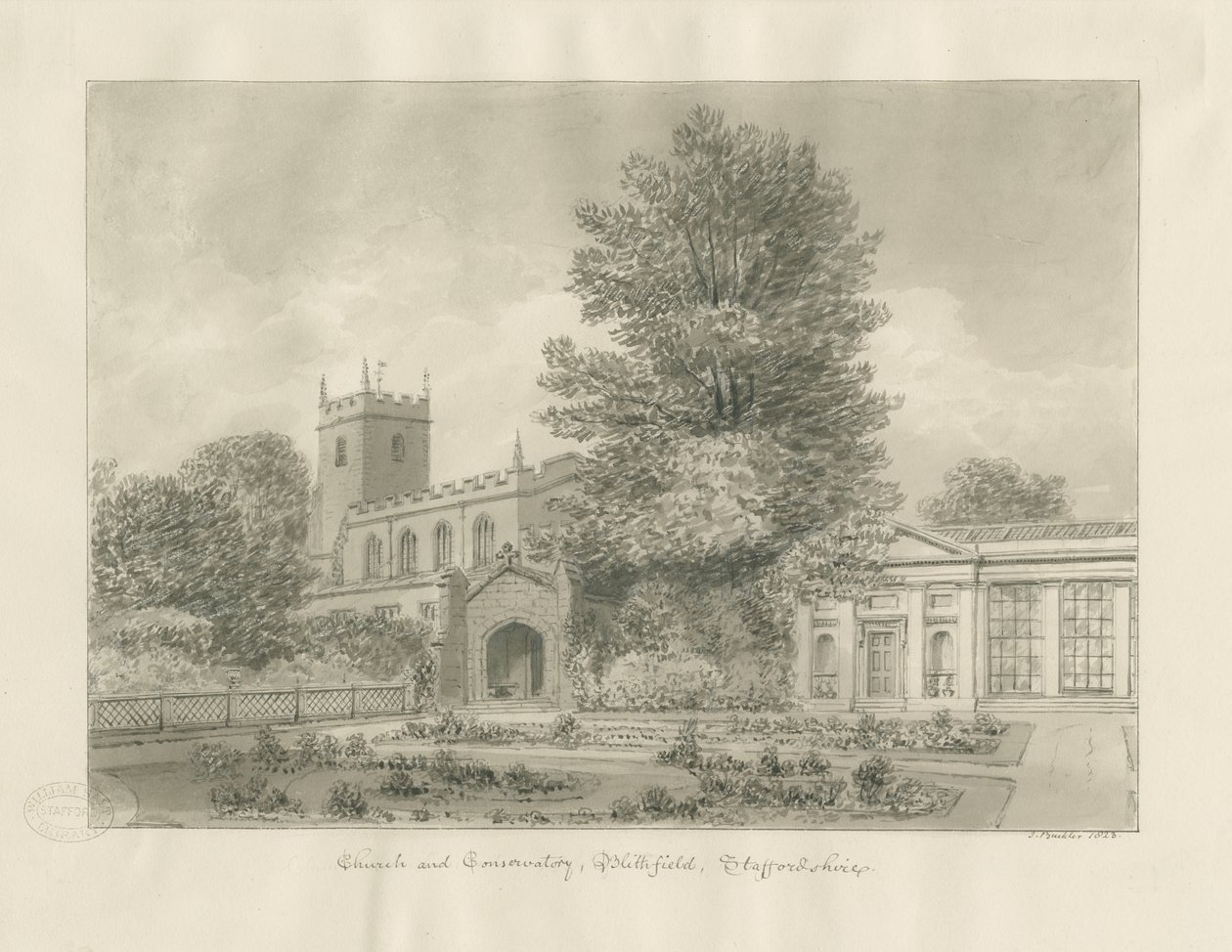 Blithfield Church: sépiová kresba od John Buckler