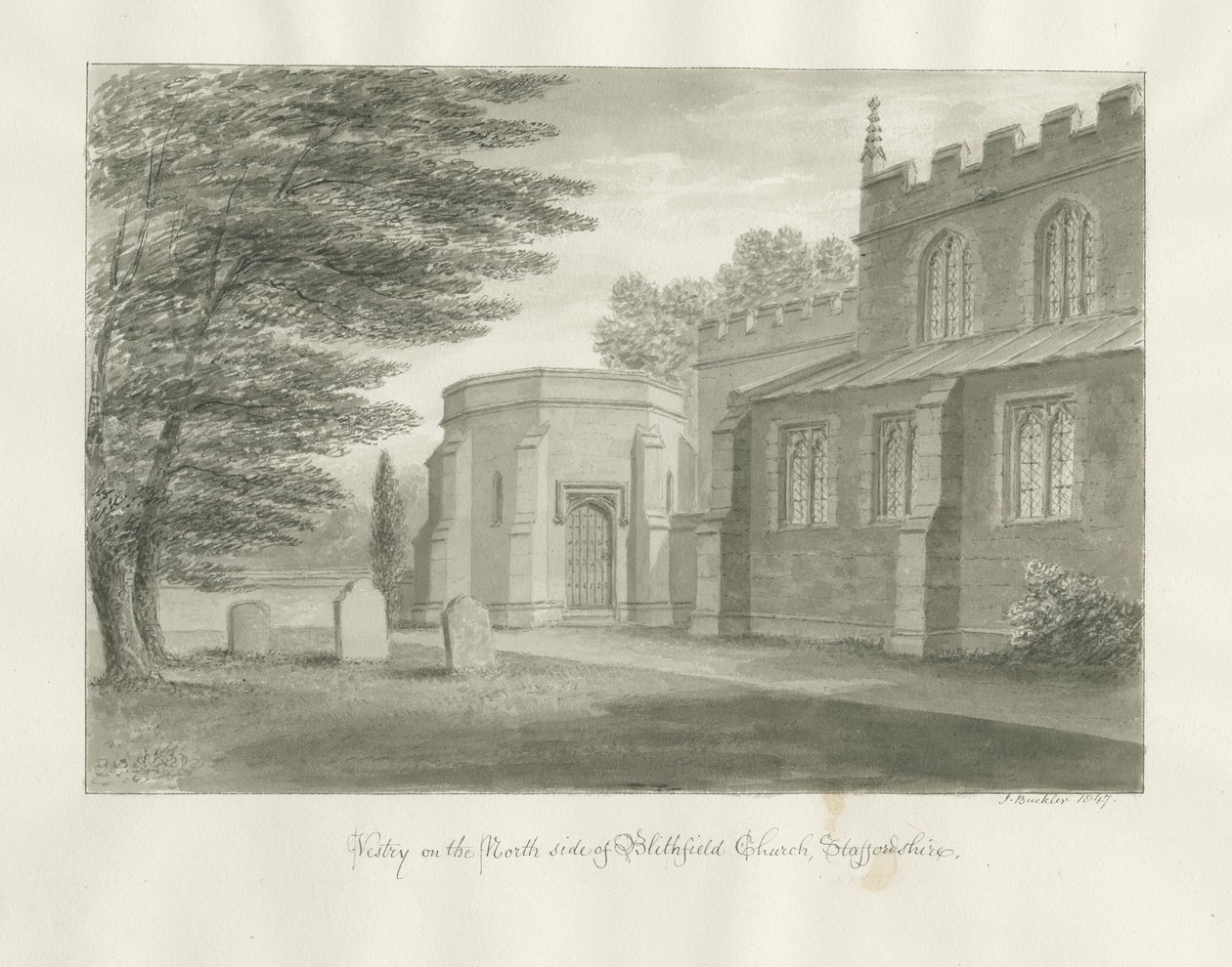 Blithfield Church: sépiová kresba, 1847 od John Buckler