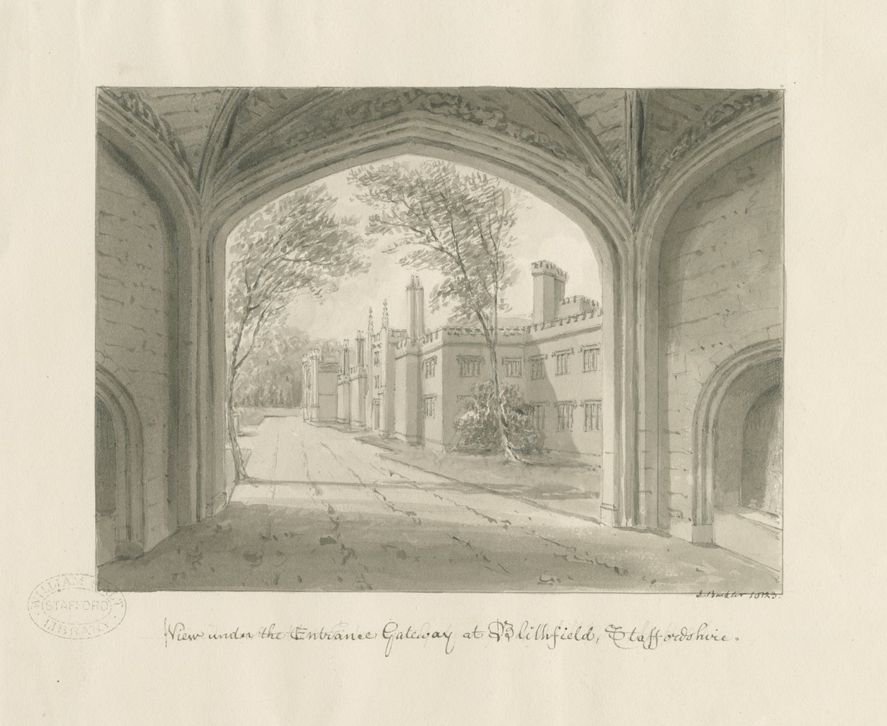 Blithfield Hall: sépiová kresba od John Buckler