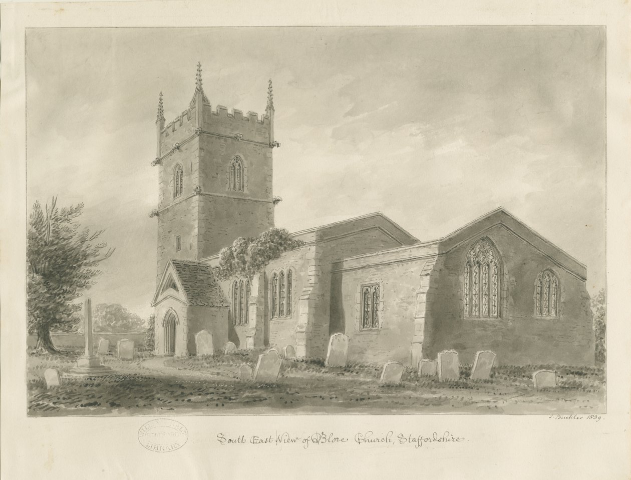 Blore Church: sépiová kresba, 1839 od John Buckler