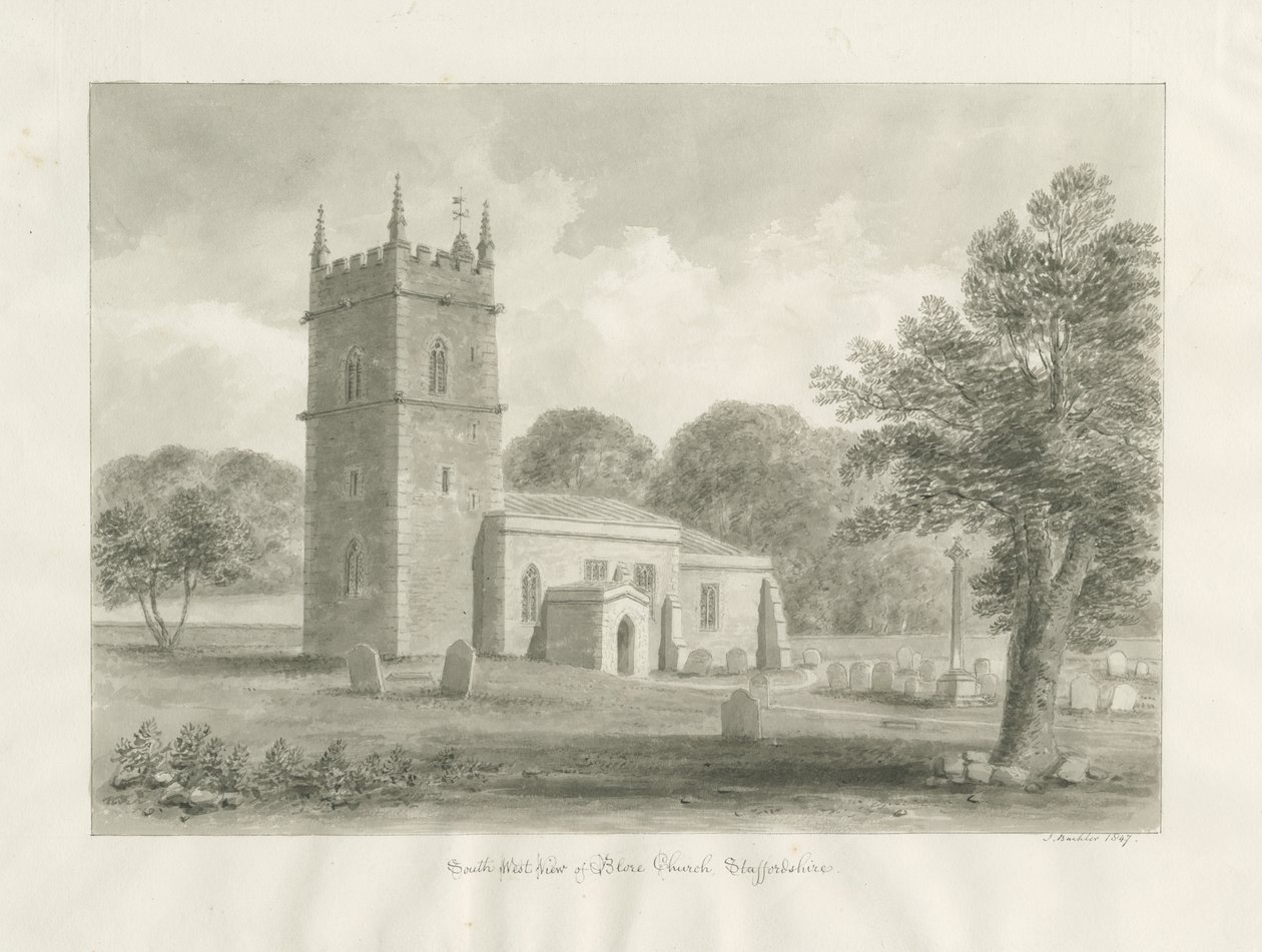 Blore Church: sépiová kresba, 1847 od John Buckler