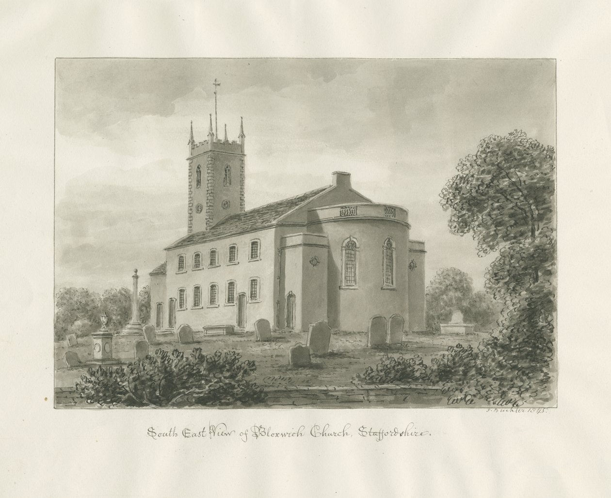 Bloxwich Church: sépiová kresba od John Buckler